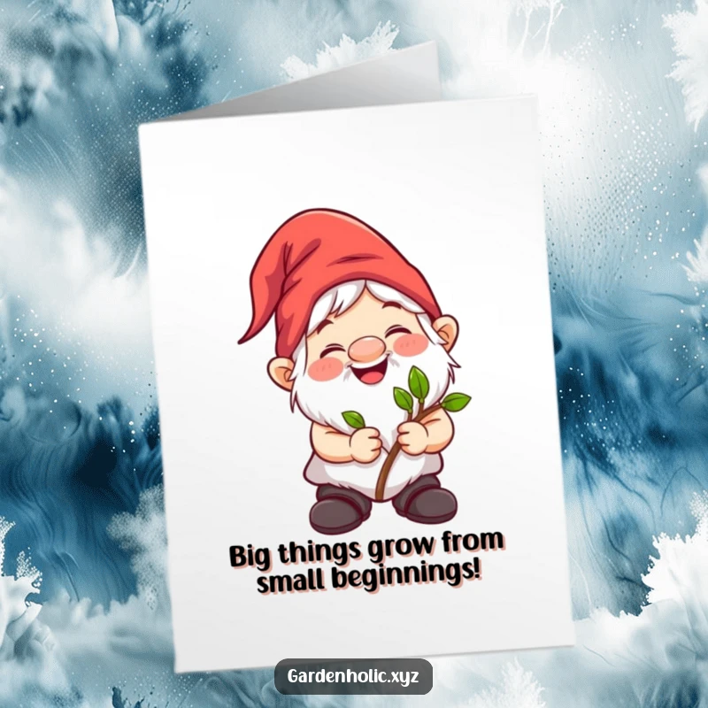 Funny Free Printable Congratulations Card: A smiling gnome joyfully presents a tiny sapling, symbolizing new growth and success.