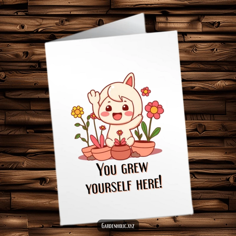 Funny Free Printable Congrats Card: A character waves joyfully amidst a cluster of happy plants, symbolizing flourishing success.