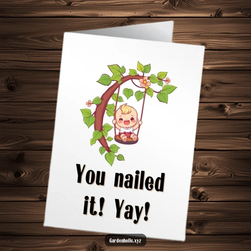 Funny Free Printable Congratulations Card: Happy character gleefully slides down a vine like a playful swing, celebrating a thrilling accomplishment.