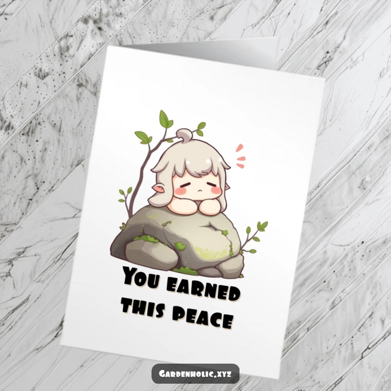 Funny Free Printable Congratulations Card: Character lets out a contented sigh while resting peacefully on a mossy stone.