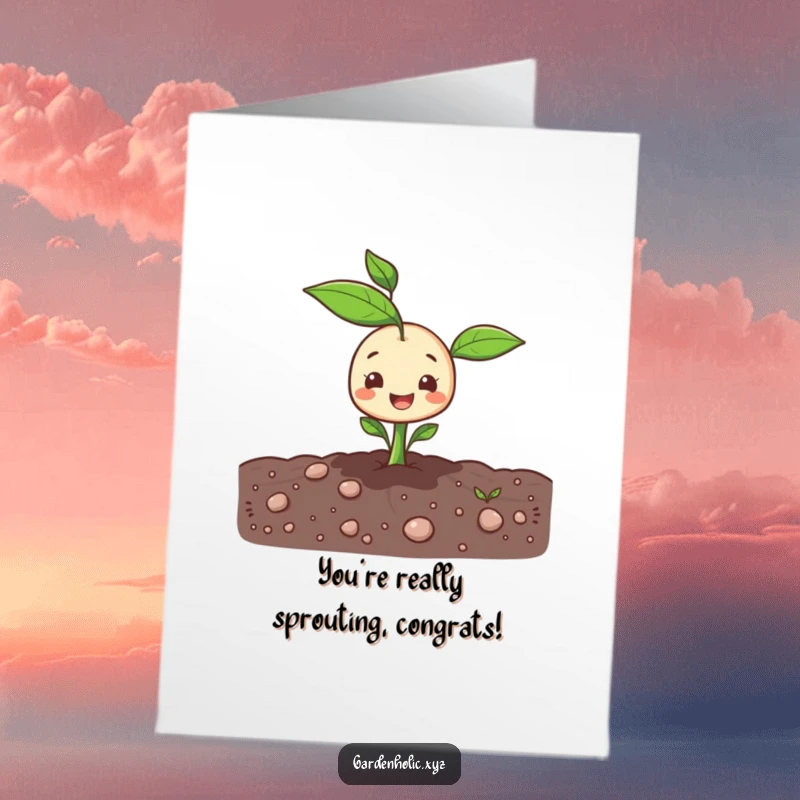Funny Free Printable Congratulations Card: A happy sprout character pops cheerfully out of the ground, celebrating success.