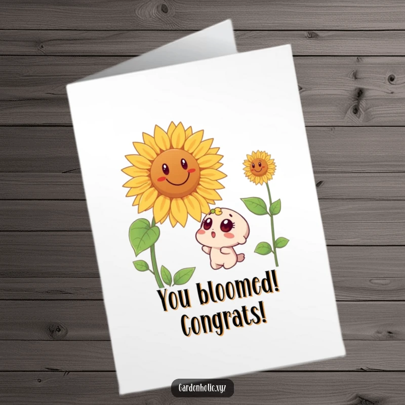 Funny Free Printable Congratulations Card: Surprised character marveling at a giant, smiling sunflower, celebrating success.