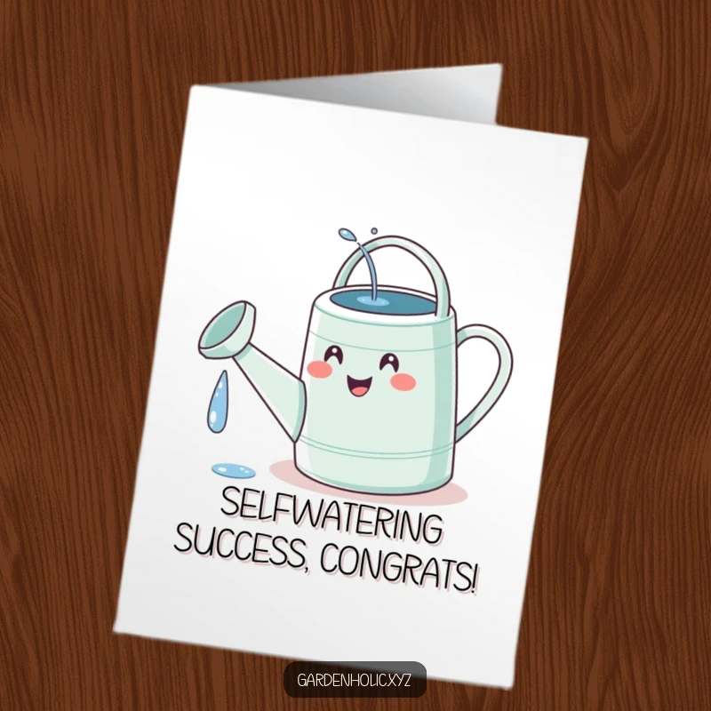 Funny Free Printable Congratulations Card: Delighted watering can enjoying its own spill, celebrating success.