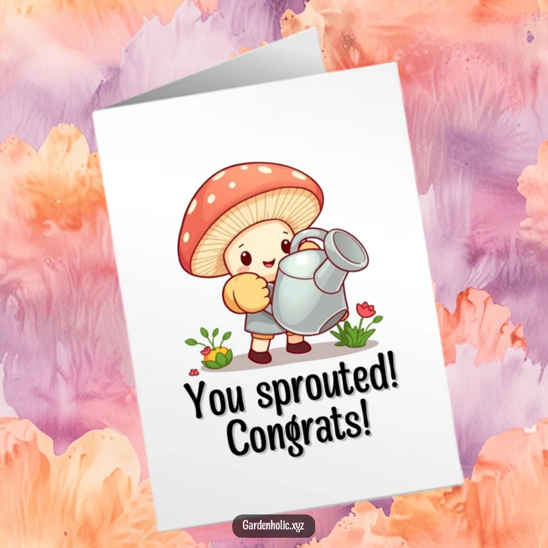 Funny Free Printable Congrats Card: Tiny mushroom wearing oversized gloves, heroically lifting a giant watering can, symbolizing achievement.