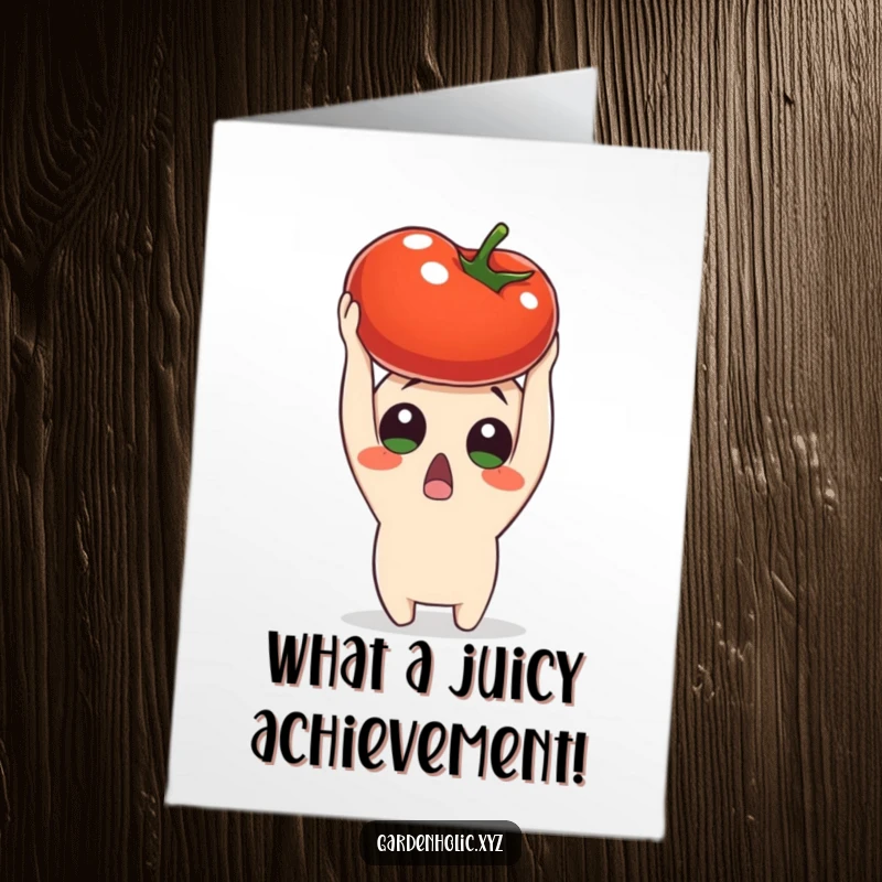 Funny Free Printable congratulations card of a surprised character triumphantly holding a ripe tomato above their head.