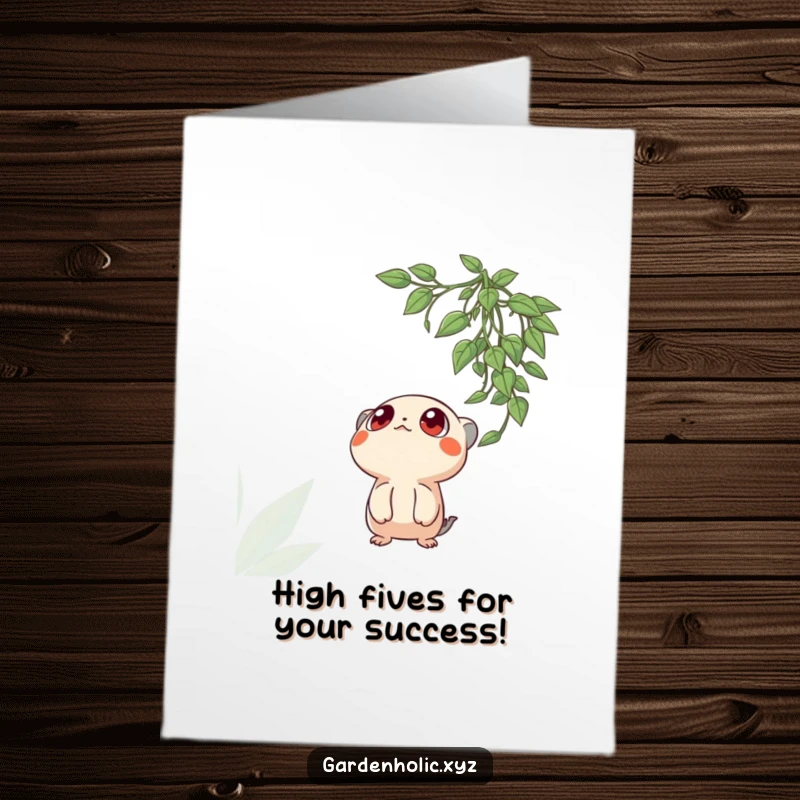 Funny free printable congratulations card with a creature displaying wide eyes, looking up admiringly at a hanging plant.