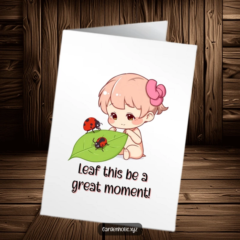 Funny Free Printable congratulations card of a character observing a ladybug on a leaf with fascination.