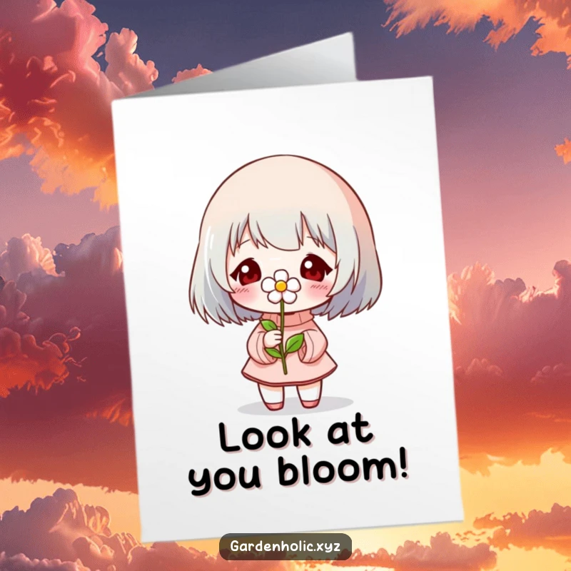 Funny Free Printable Congratulations Card: A character proudly displays a tiny, blooming flower, perfect for sending cheerful congrats.