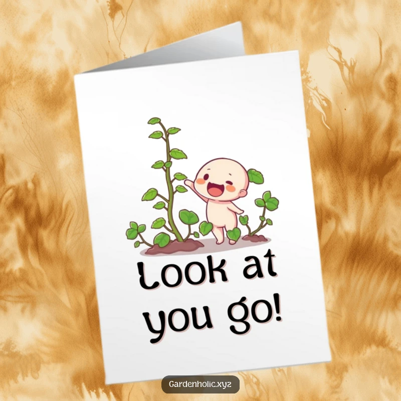 Funny Free Printable Congratulations Card: Character enthusiastically signals a rapidly expanding vine, celebrating big news.