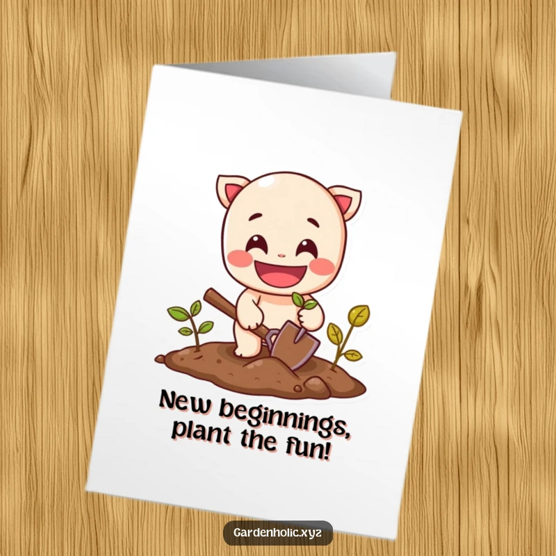 Funny Free Printable Congrats Card: Cheerful character with a big smile planting a seed using a shovel.