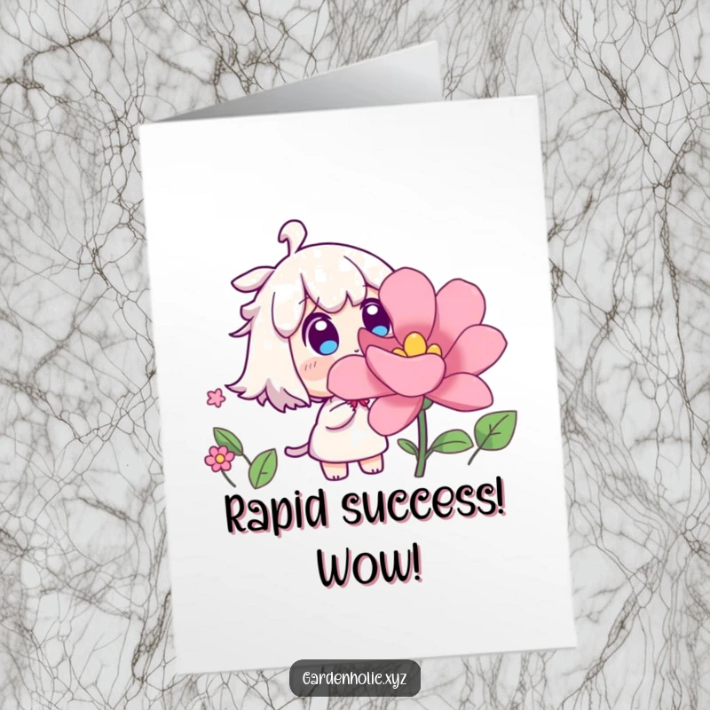 Funny Free Printable Congratulations Card: Surprised character observes a flower blooming at an astonishing speed.
