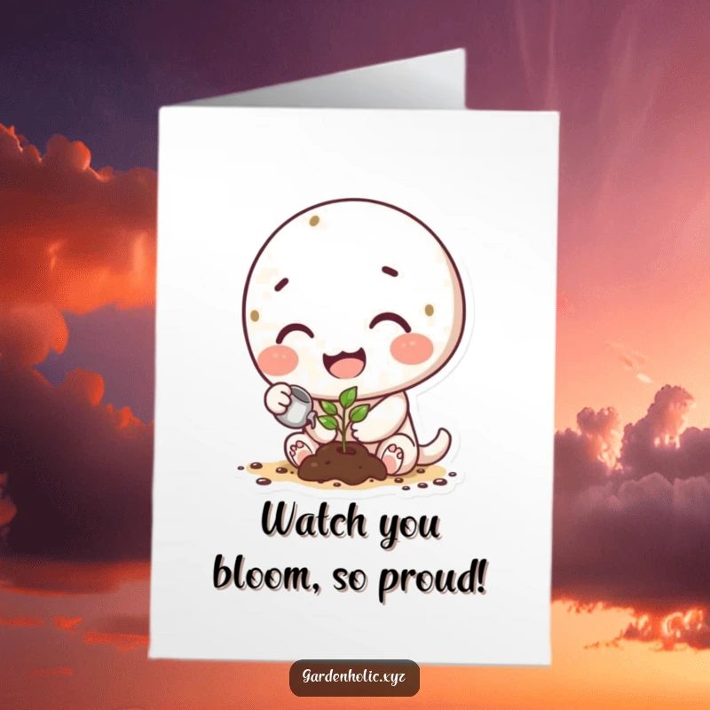 Funny Free Printable Congrats Card: Happy character with dirt on cheeks watering a small, growing sprout.