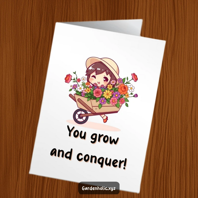 Funny Free Printable Congratulations Card: Character with a playful swagger confidently pushes a wheelbarrow filled with colorful flowers.