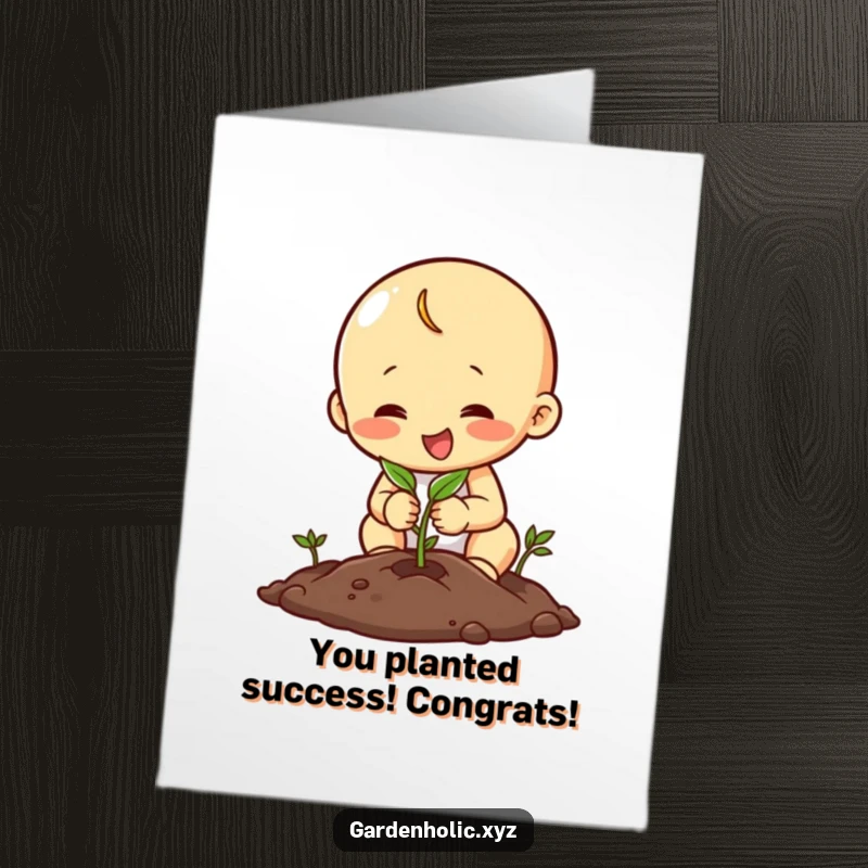 Funny free printable congratulations card of a happy character focused on planting a seed, symbolizing new beginnings.