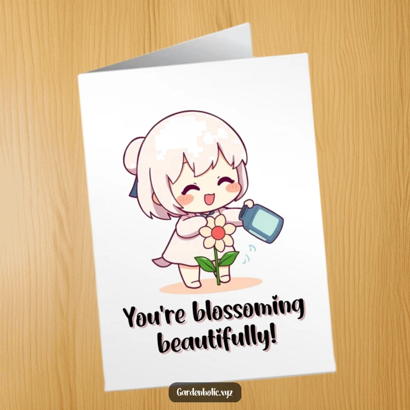 Funny Free Printable character watering a smiling flower with a can, celebrating congratulations.