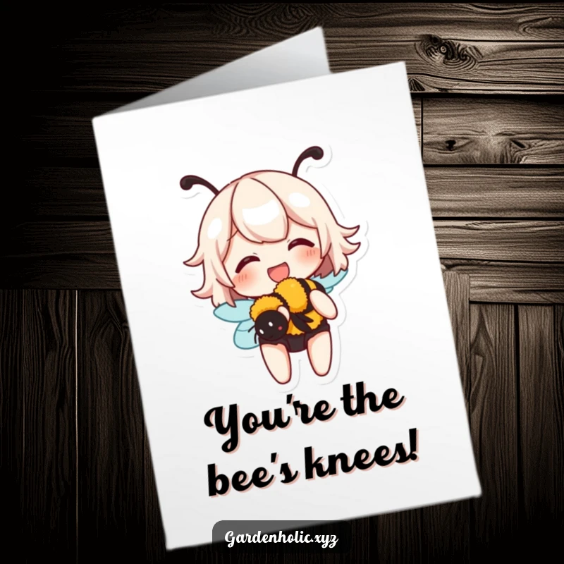 Funny Free Printable Congratulations Card: Character shares a giggle with a docile, buzzing bumblebee, congratulating success.