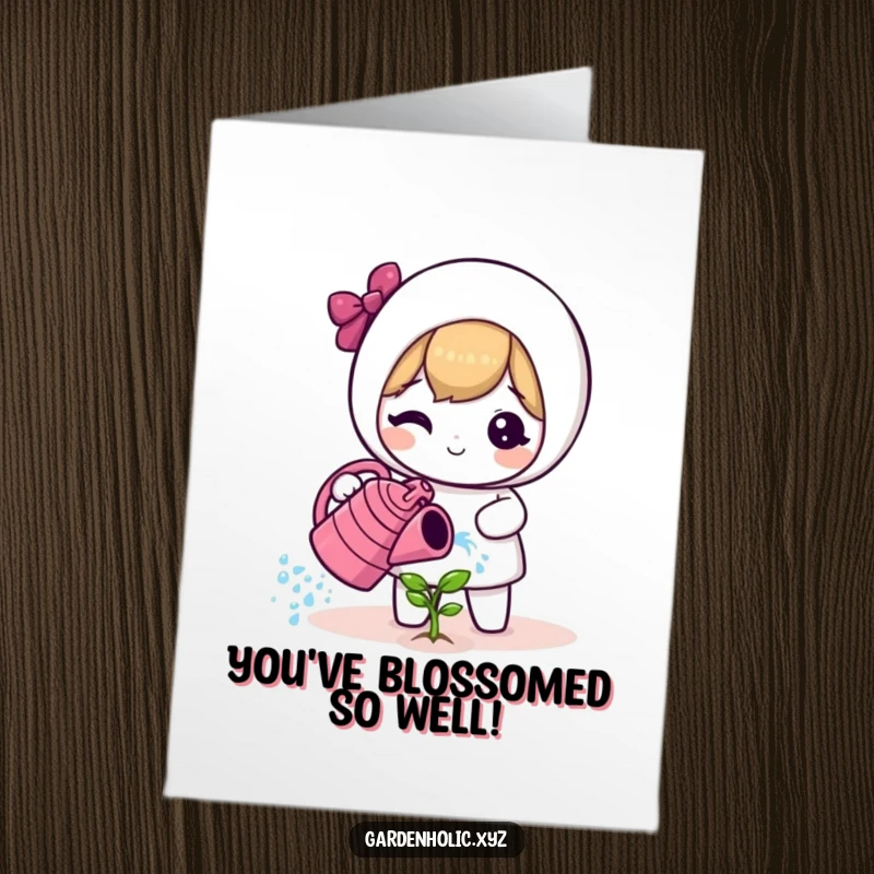 Funny Free Printable Congratulations Card: A cute character happily waters a tiny sprout with a watering can.