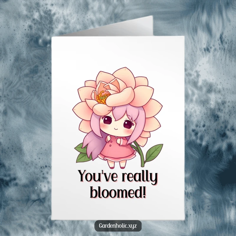 Funny Free Printable Congrats Card: A cheerful character admiring a huge, beautiful flower, symbolizing growth and new opportunities.