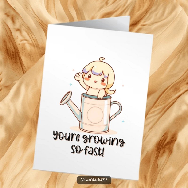 Funny Free Printable Congratulations Card: Character on watering can waving enthusiastically.