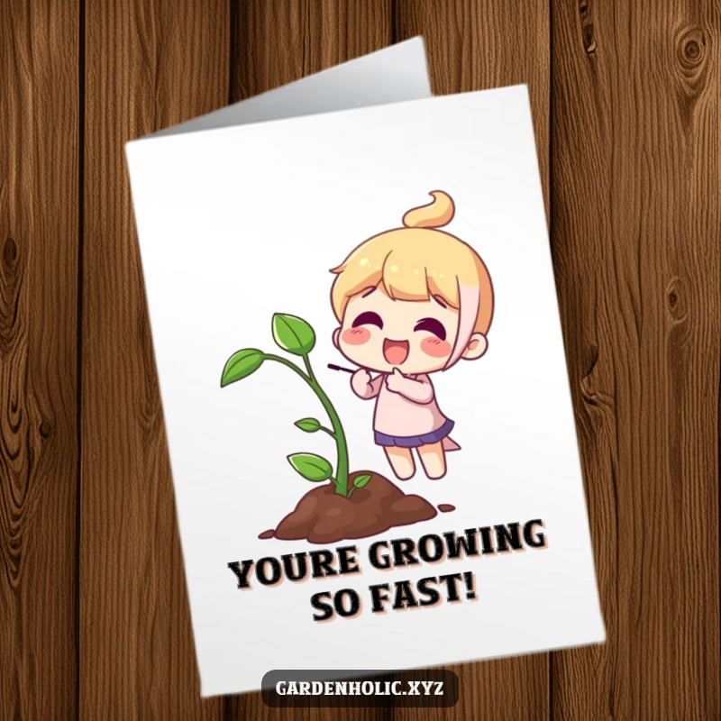 Funny Free Printable Congratulations Card: A character enthusiastically points at a growing sprout, signaling great success.