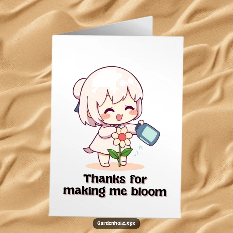 Funny Free Printable character watering a happy small flower with a can on a thank you card.