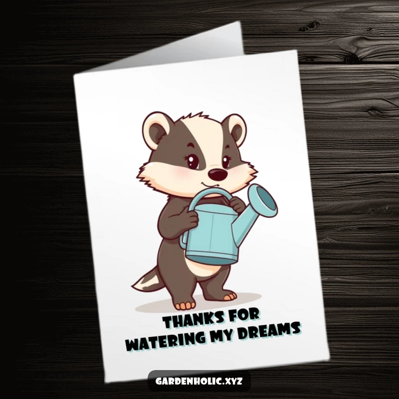 Funny Free Printable Thank You Card: A determined badger carries an enormous watering can, humorously showing appreciation.