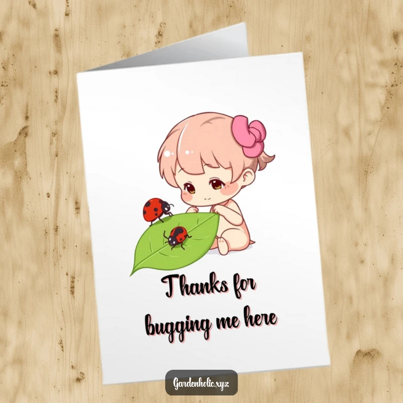Funny Free Printable thank you card showing a character fascinated by a ladybug perched on a leaf.