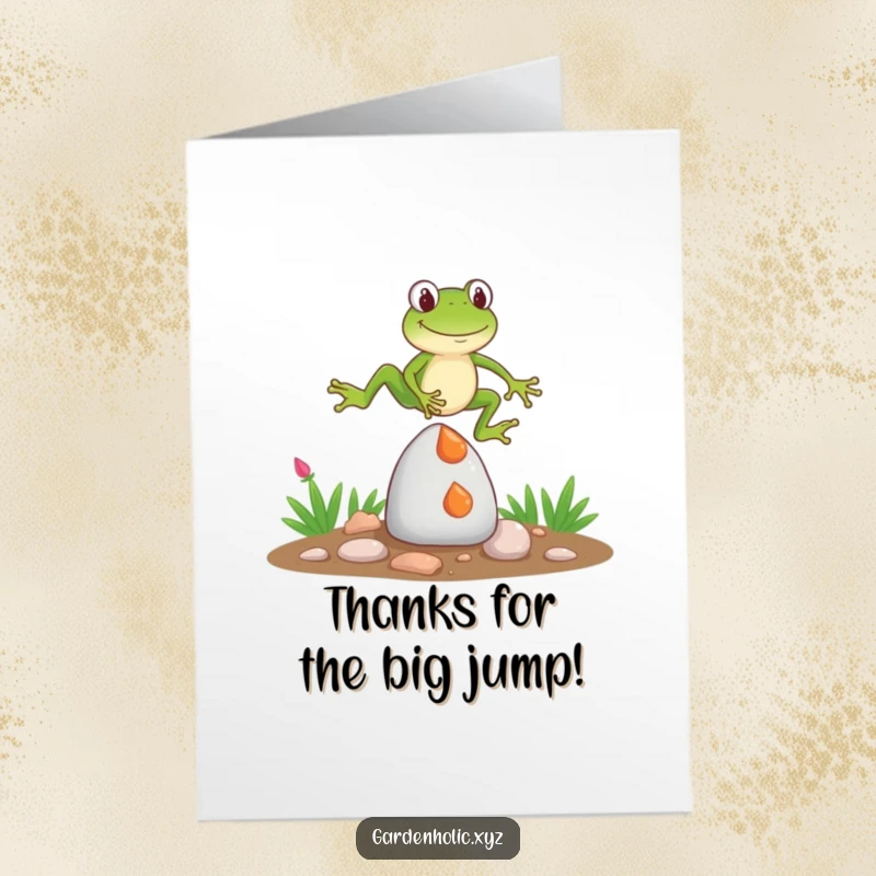 Funny Free Printable Thank You Card: A frog humorously jumps over a garden gnome, expressing gratitude with a giggle.