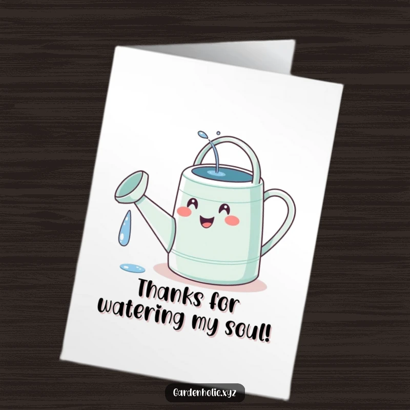 Funny Free Printable Thank You Card: A delighted watering can showering itself with water, a symbol of refreshing thanks.