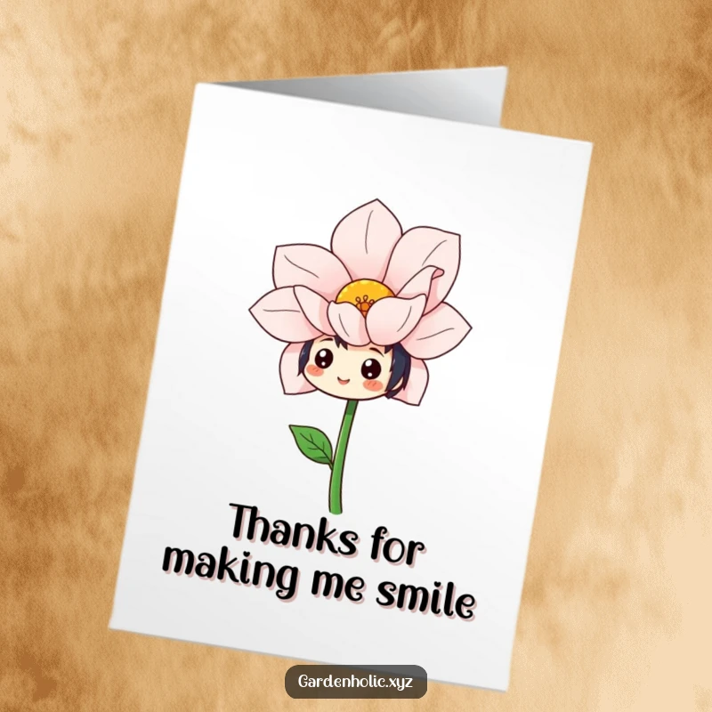 Funny Free Printable Thank You Card: Cheerful character marvels at an oversized, beautifully bloomed flower, expressing gratitude.