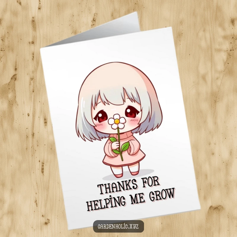 Funny Free Printable Thank You Card: A character proudly holds up a tiny, blooming flower to express heartfelt thanks.