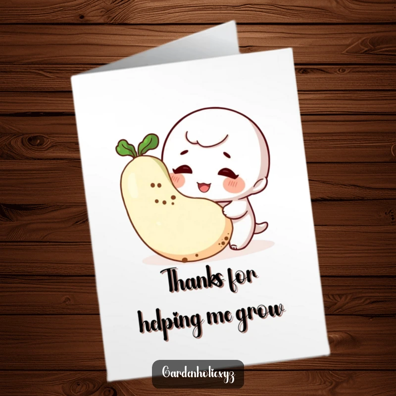Funny Free Printable Thank You Card: A giggling child-like character with dirty cheeks admires a large vegetable, conveying thanks.