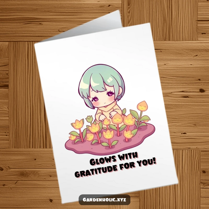Funny Free Printable Thank You Card: Character nurturing glowing plants, a symbol of appreciation, beautifully rendered for a downloadable greeting.