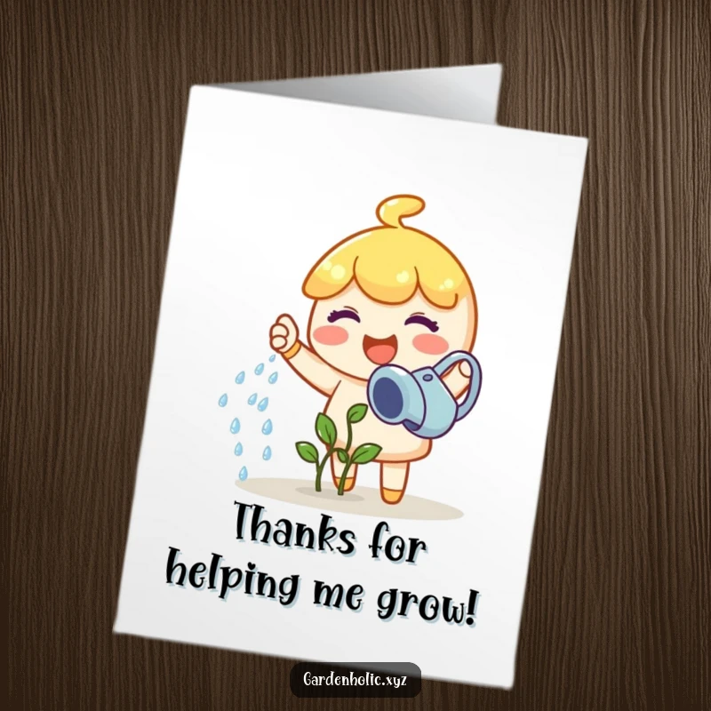 Funny Free Printable Thank You Card: Joyful character happily waters a tiny sprout, expressing thanks for nurturing and growth with a sweet gesture.