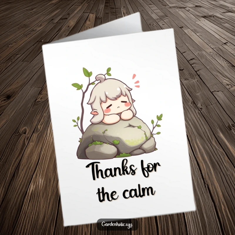 Funny Free Printable Thank You Card: Contented character relaxes on a mossy stone, sighing with gratitude and peace.