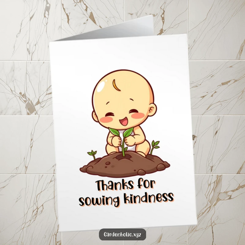 Funny free printable thank you card depicting a happy character intently planting a single seed with focused concentration.