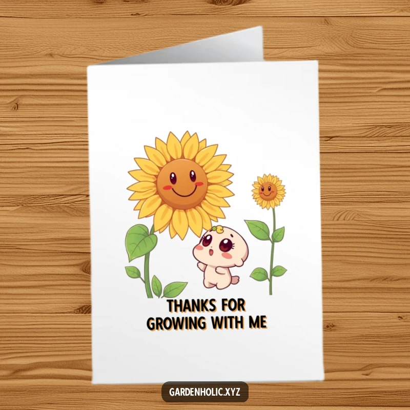 Funny Free Printable Thank You Card: Surprised character gazing at a giant, smiling sunflower, showing thanks.