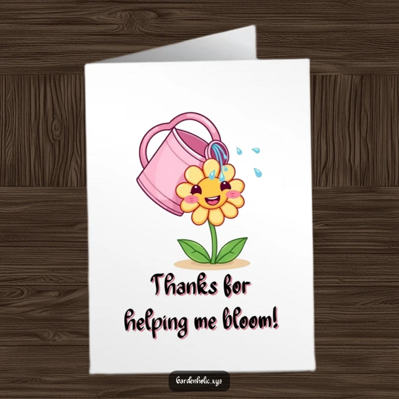 Funny Free Printable Thank You Card: Cute watering can showering a smiling flower, expressing heartfelt thanks and appreciation.