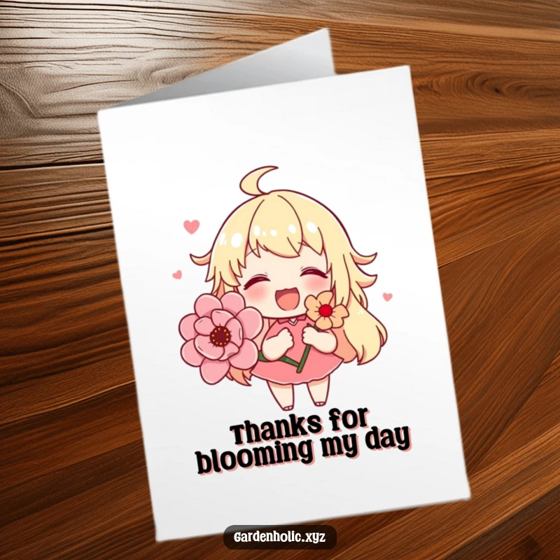 Funny free printable thank you card with a cute character joyfully holding a stunning, fully bloomed flower.