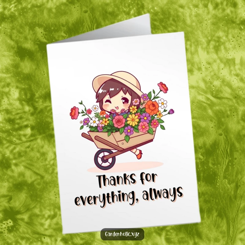 Funny Free Printable Thank You Card: Character with a swagger carries a wheelbarrow overflowing with beautiful, blooming flowers.