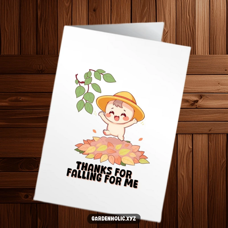 Funny Free Printable Thank You Card: Joyful character in a sun hat bouncing with glee on a pile of leaves.