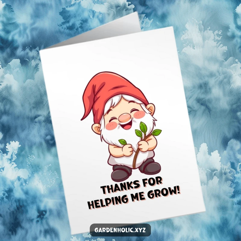 Free Printable Thank You Card: A happy gnome proudly holds a tiny sapling, a symbol of gratitude and growth.