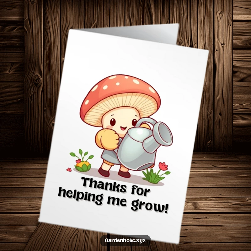 Funny Free Printable Thank You Card: Tiny mushroom in oversized gloves trying to lift a huge watering can, expressing gratitude.