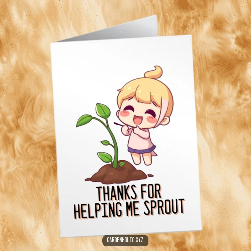 Funny Free Printable Thank You Card: A character joyfully points to a healthy sprout, expressing growing thanks.
