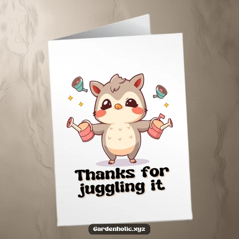 Funny Free Printable Thank You Card: Mischievous character skillfully juggles tiny watering cans, a unique way to say thanks.