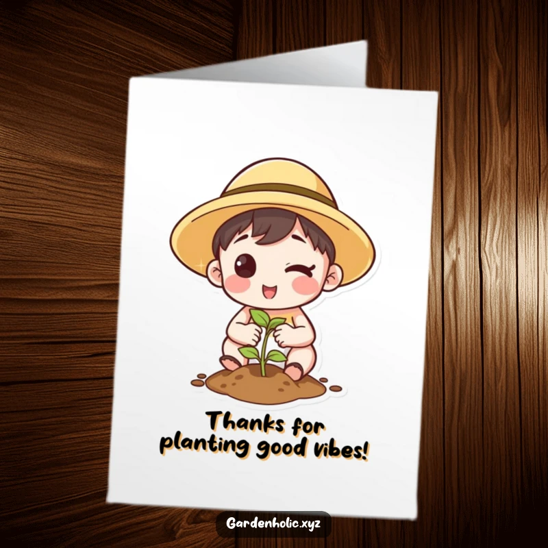 Funny Free Printable Thank You Card: Character winking with a sun hat while planting a seed, a cheerful and downloadable thank you.