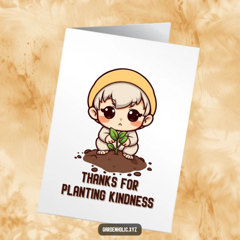 Funny Free Printable Thank You Card: Character planting a tiny seed with a hopeful gaze.