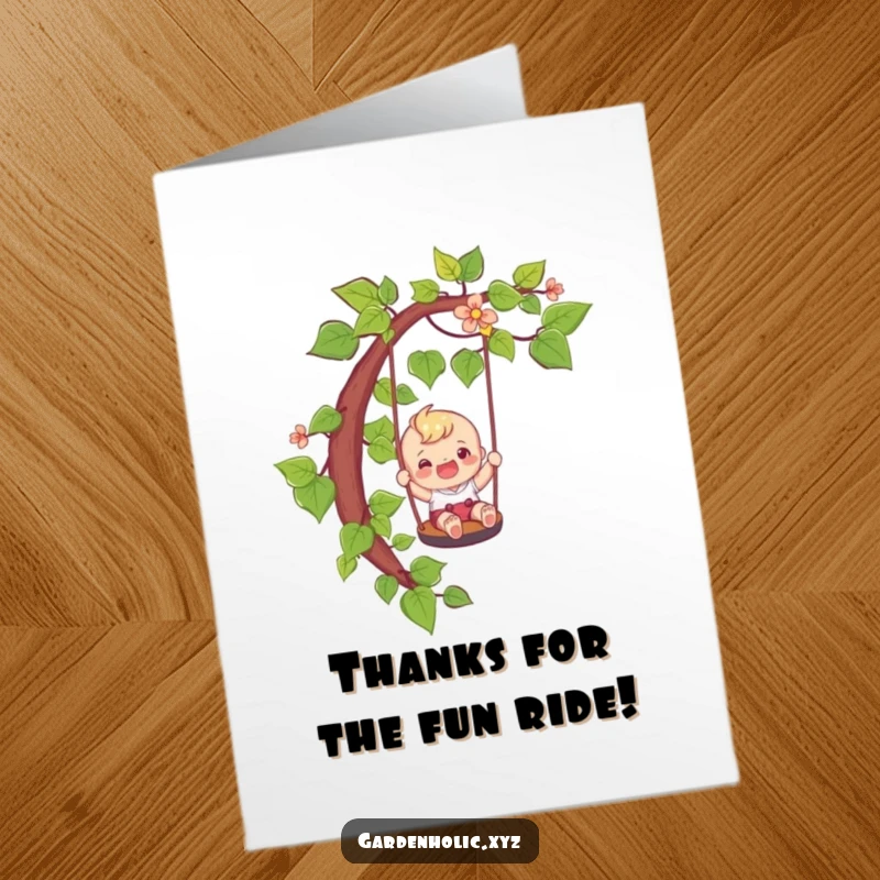 Funny Free Printable Thank You Card: Happy character slides down a vine like a playful swing, conveying thanks with a joyful and energetic tone.