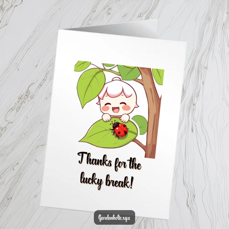 Funny Free Printable Thank You Card: Joyful character with rosy cheeks catching a ladybug on a leaf, thankful.