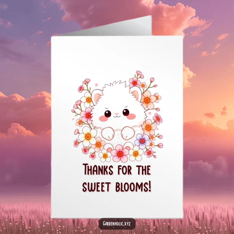 Funny Free Printable Thank You Card: Fluffy creature surrounded by colorful blossoms, expressing thanks.